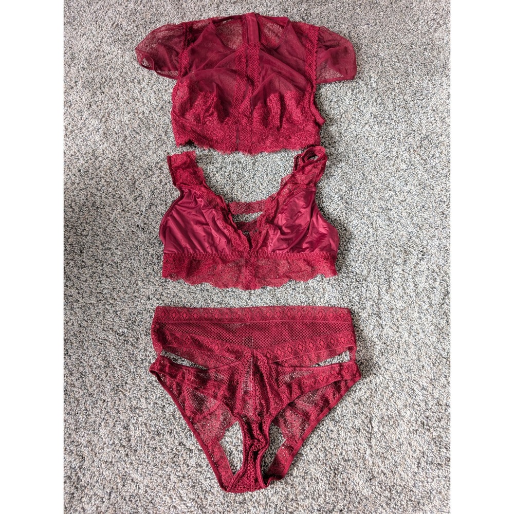 Victorias Secret Very Sexy 3 Piece Burgundy Lace Mesh Set Bralette Panty Top S